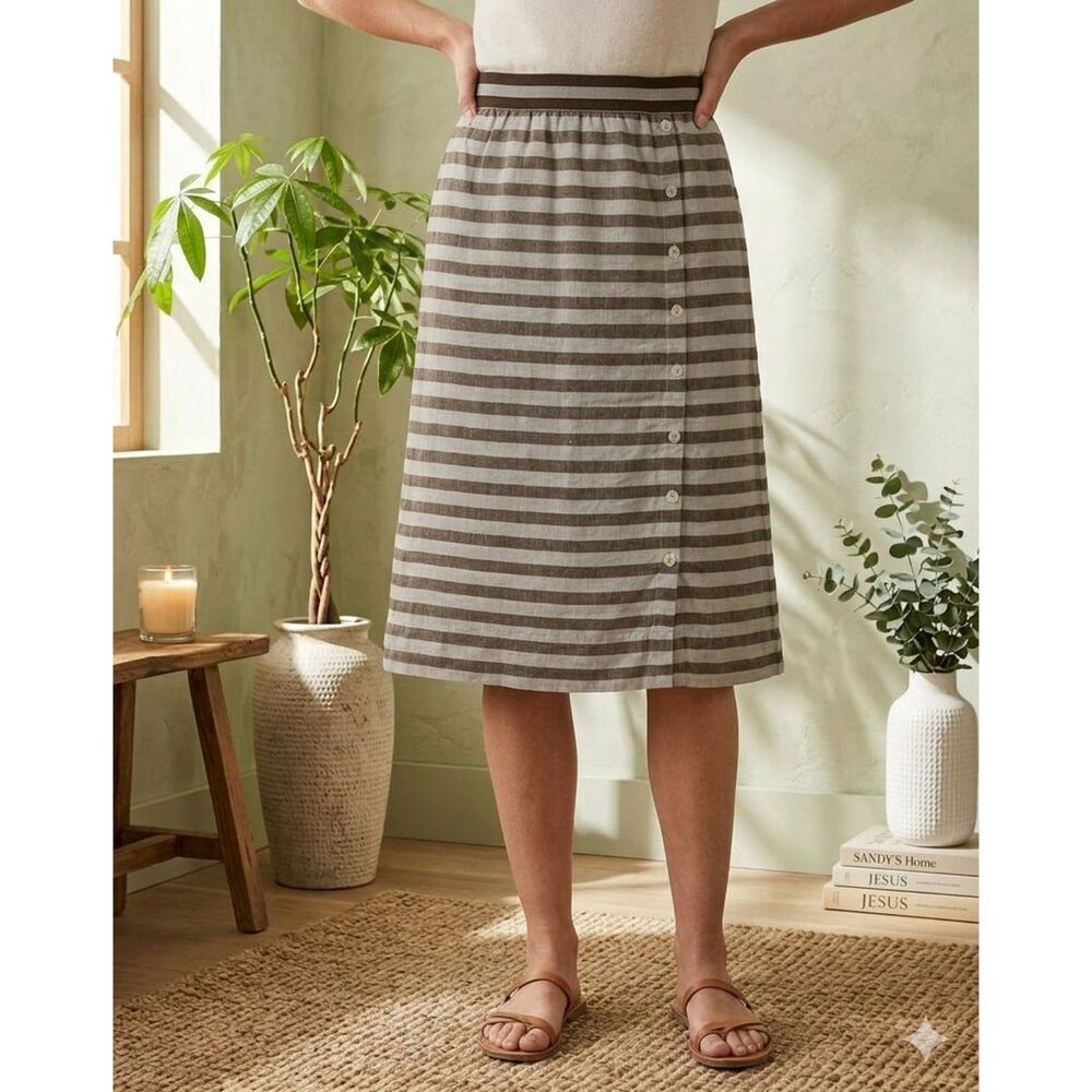 J Jill Love Linen Skirt Womens LP Brown White Stripe Linen Pull On Pockets